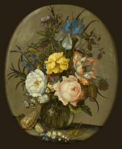 Fiori in un vaso di vetro con accanto conchiglie e un insetto da Balthasar van der Ast
